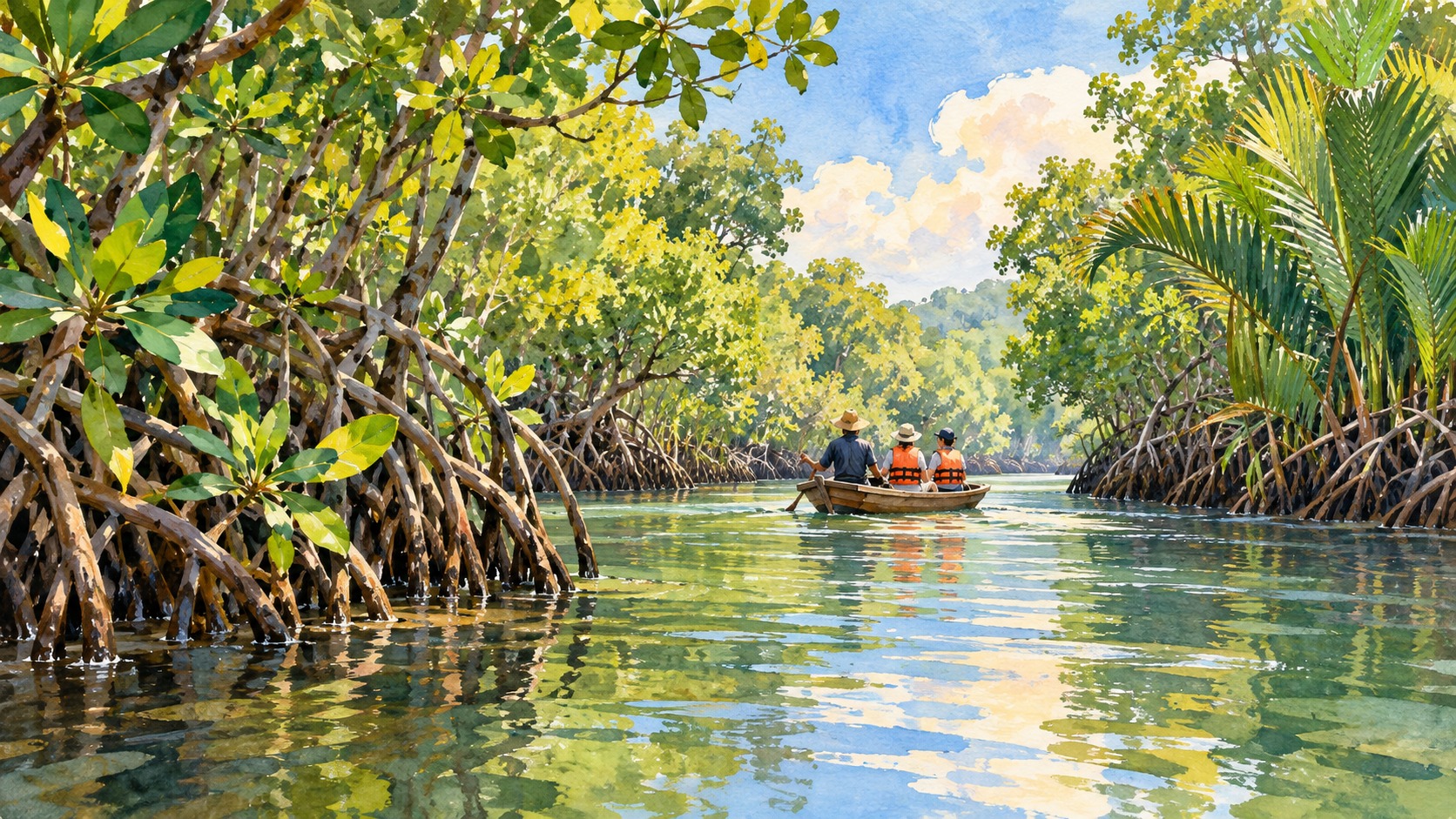 AI-generated illustration inspired by a Ban Nam Chiao mangrove outing in Trat, showing a small boat with visitors among mangrove roots and nipa palms.
