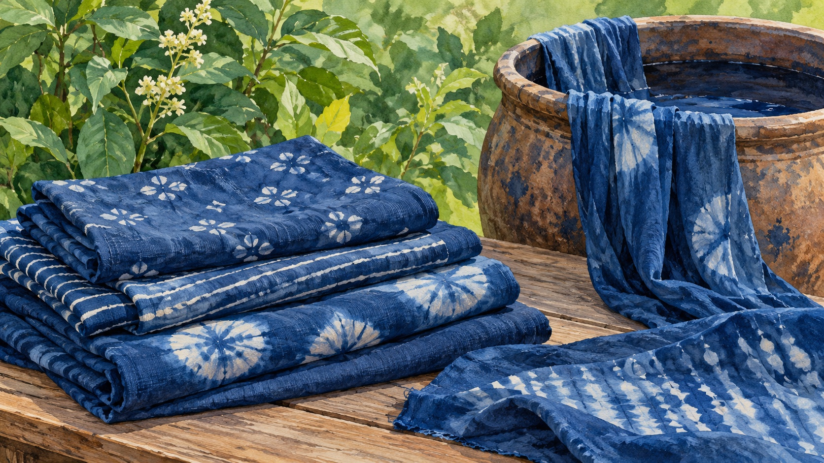 AI-generated illustration inspired by mo hom textile crafts in Ban Thung Hong, Phrae, showing blue cotton cloth and an earthenware dye vat.