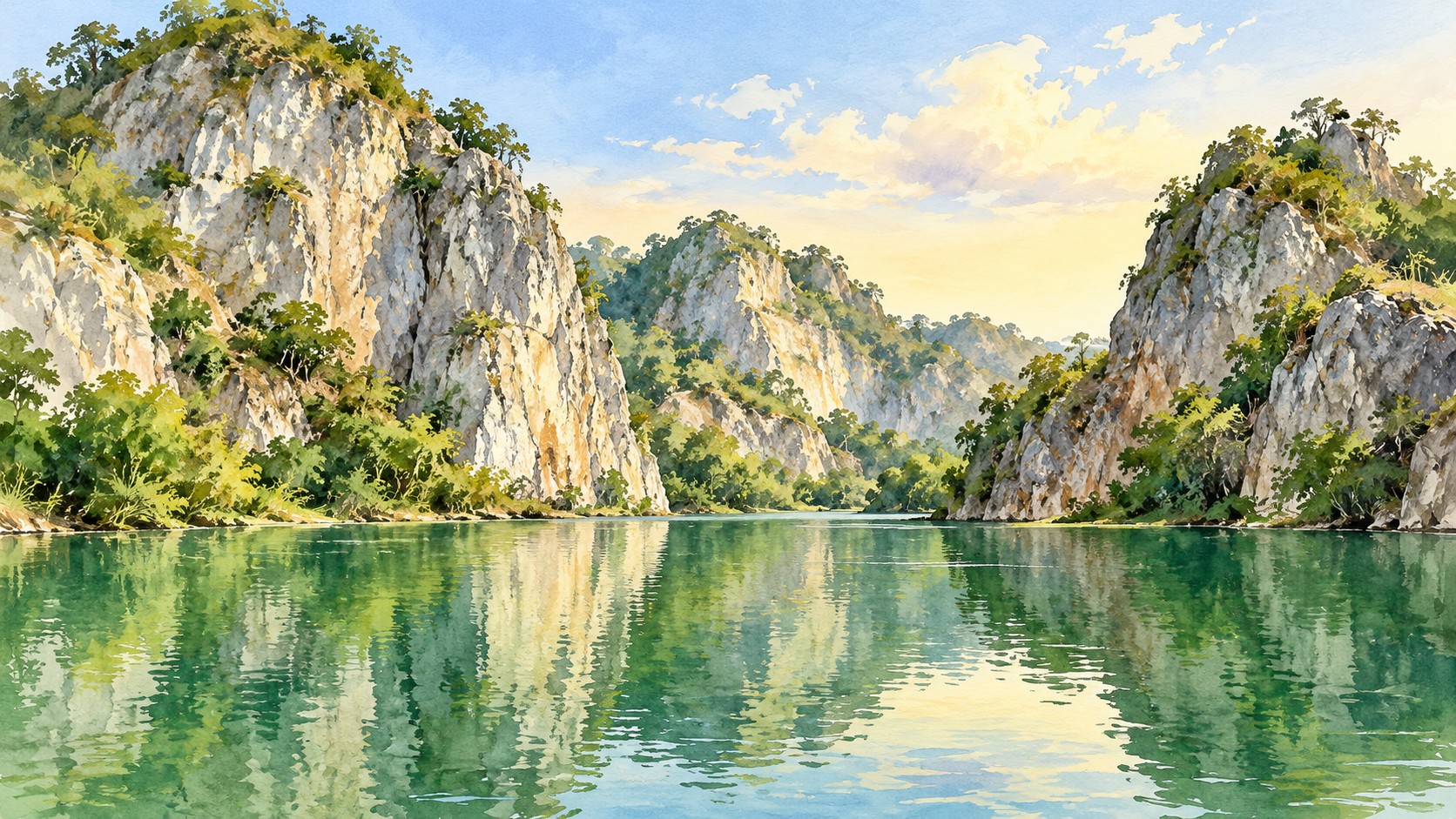 AI-generated illustration inspired by Khao Ngu Stone Park in Ratchaburi, showing pale limestone cliffs and green water in soft morning light.