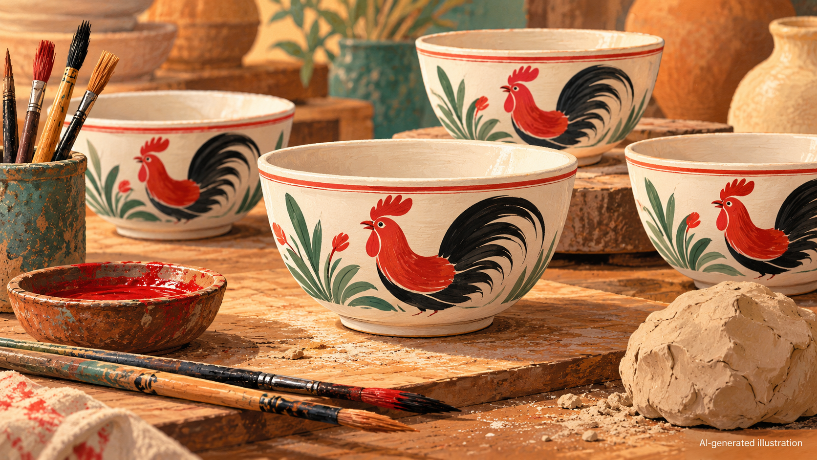 AI-generated illustration of Lampang rooster-pattern ceramic bowls.