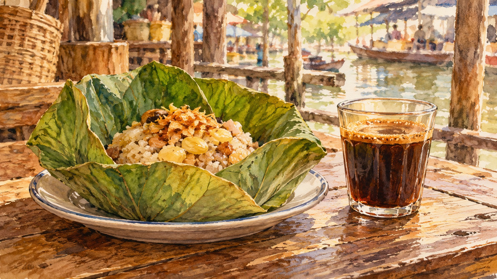 AI-generated illustration inspired by Sam Chuk Market food, showing rice in an open lotus leaf and a glass of traditional coffee on a wooden table.