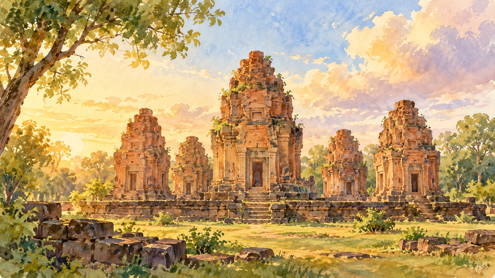 AI-generated illustration inspired by Prasat Sikhoraphum in Surin, showing five loosely interpreted weathered brick sanctuary towers in warm light.