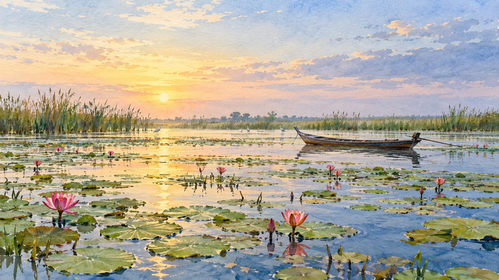 AI-generated illustration inspired by Thale Noi wetland, with water lilies, reeds, distant waterbirds and a wooden boat at dawn.
