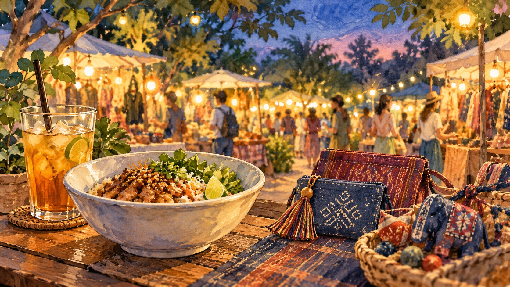 AI-generated illustration inspired by evening food and shopping at Ton Tann Market in Khon Kaen, showing a meal, a cold drink and fabric accessories against a generic leafy market scene.